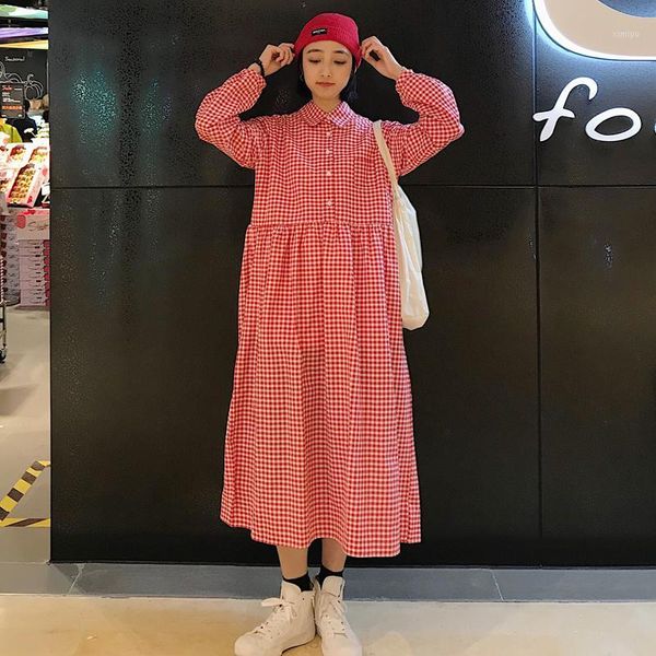 

2 colors spring 2020 korean chic style sweet preppy style women long dress casual plaid long sleeve shirt dress womens (c6310)1, Black;gray