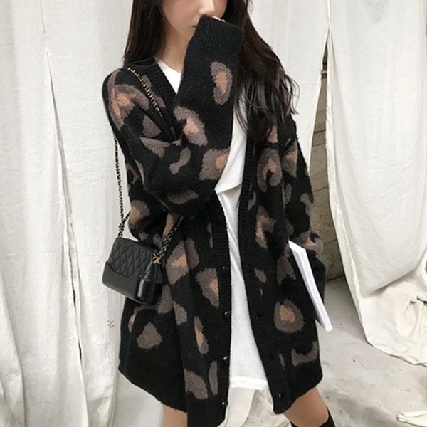

2021 new cow stamps blouses knitted pink cardigan autumn leopard in v women's clothes t3kc, White;black