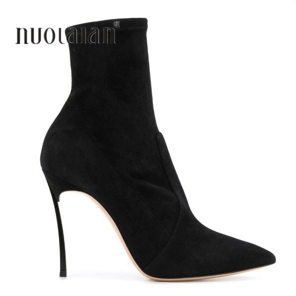 

2020 autumn winter women boots stretch fabric thin heels boots fashion ankle sock high heels shoes woman, Black