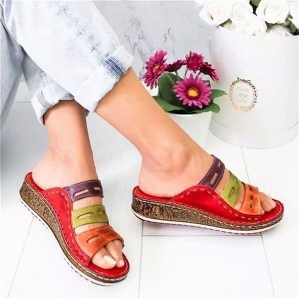 

wedge heel slipper 2020 summer women lady retro stitching colorcasual low beach open peep toe sandals 3 colors shoes slides #yl6d, Black