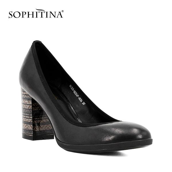 

sophitina elegant genuine leather pumps woman sheepskin high thick heels pumps solid round toe office lady classic shoes d01 y200702, Black