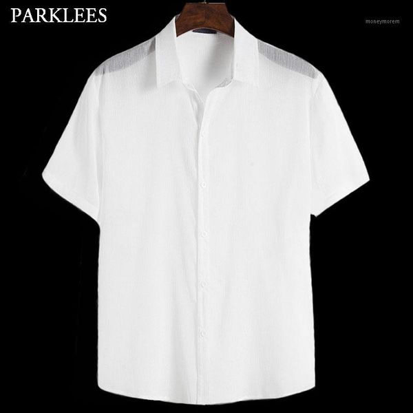 

men's casual shirts thin perspective white mens summer shirt comfortable short sleeve for men breathable loose button chemise homme1, White;black