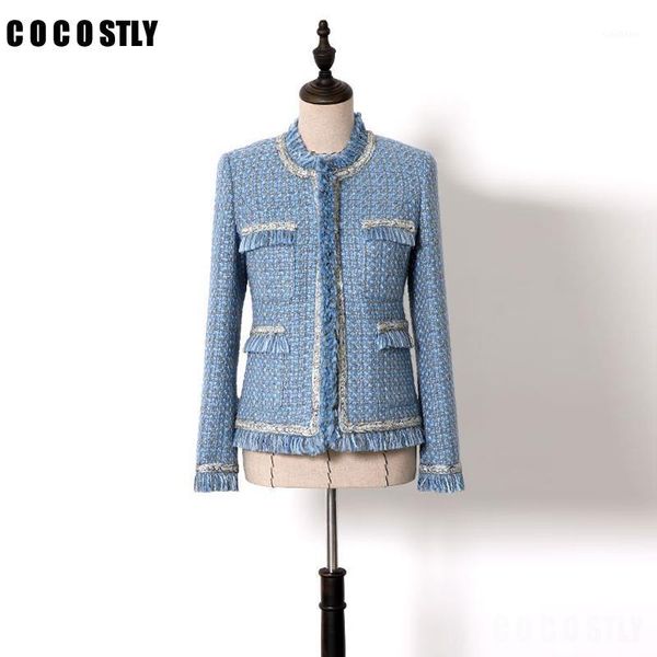 

women elegant blue tweed jacket chains fringe tassel jackets new 2019 autumn winter office lady formal tweed outerwear1, Black;brown