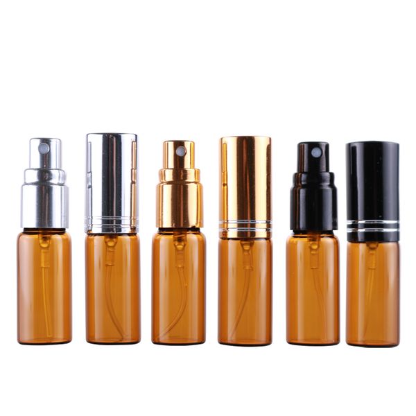 Commercio all'ingrosso 100 pezzi / lotto 5ML Mini bottiglia di profumo portatile in vetro Brownl con anello in alluminio atomizzatore fiala cosmetica vuota