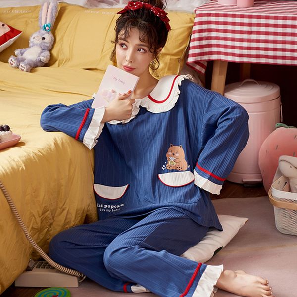 

2021 new style women's autumn spring pajama set sweet printing female sleepwear down collar long sleeve nightwear zsul, Black;red