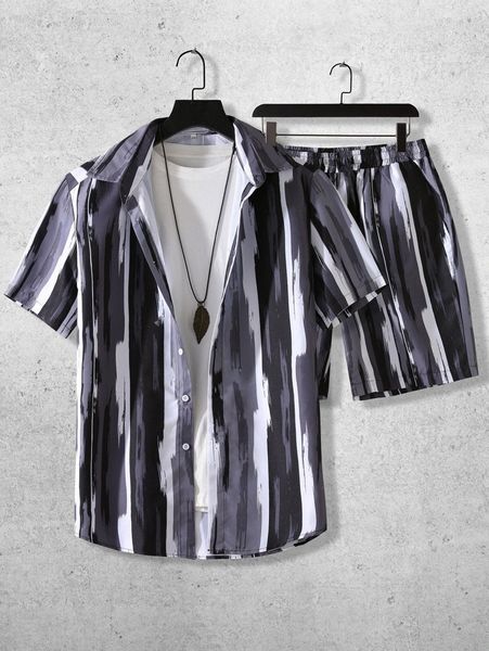 

men brush print shirt & shorts without tee z4gs#, Gray