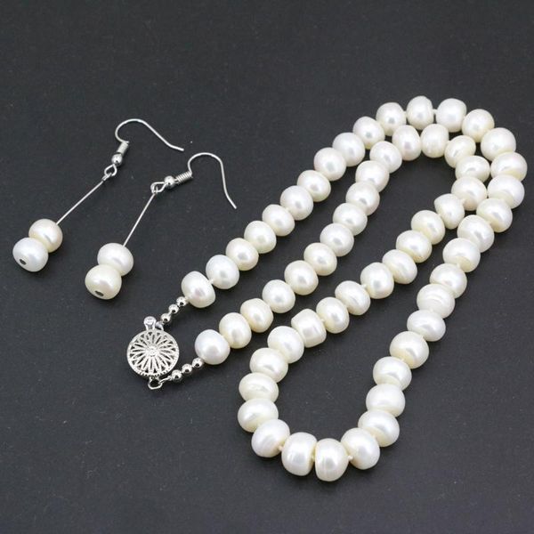 

wholesale 9-10mm white natural freshwater pearl rondelle beads necklace earrings jewel for women weddings party gifts 18" b3453, Silver