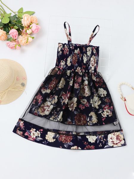 

toddler girls floral print mesh insert shirred cami dress she, Red;yellow