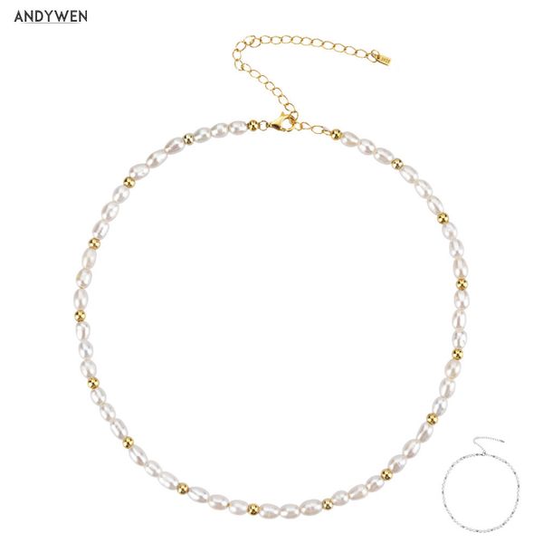 

andywen 925 sterling silver gold pearl beads natural pearls choker necklace chain luxury women fashion fine jewelry for 2020 q1219, Golden;silver