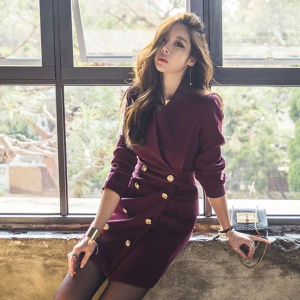 

new arrival runway office work wear gold double-breasted slim blazer dress women notched collar formal pencil dresses vestidos1, Black;gray