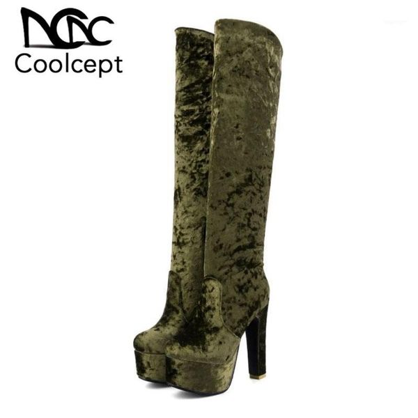 

boots coolcept plus size 31-48 women high heel over knee fashion winter warm long boot zipper platform quality footwear women1, Black