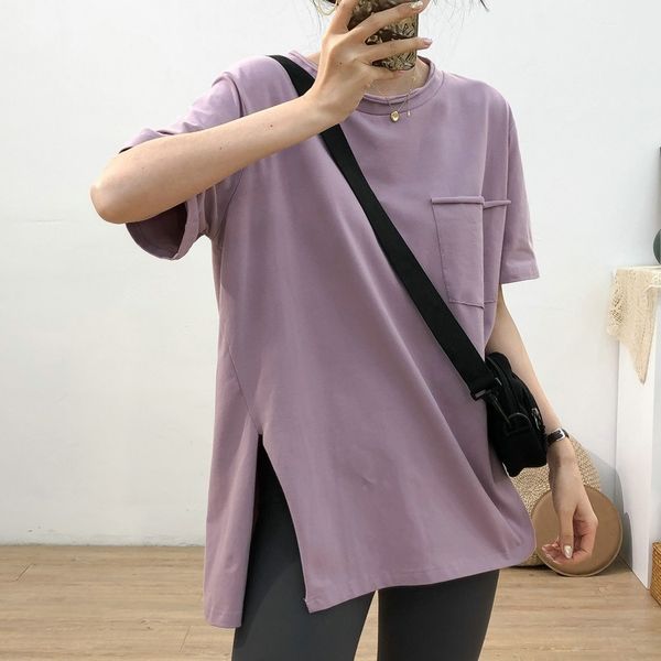 

корейский небольшой дизайн свернувшись карман громоздкого большого раскола короткого рукав рубашки женщины свободной стороны щель в середине, White