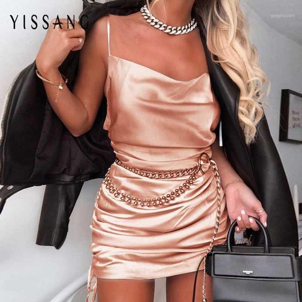 

yissang drawstring bandage satin dress women ruched strap backless bodycon dresses draped summer femal mini party dress1, Black;gray