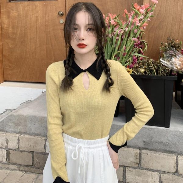 

korean clothes chic hollow out turn-down collar pullovers autumn sweaters for women fashion brand female sweet style new, White;black