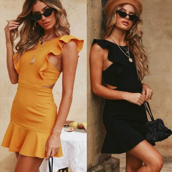 

summer dress women strappy backless mini dresses ruffles sleeveless frill hem party dresses ladies beach dress, Black;gray