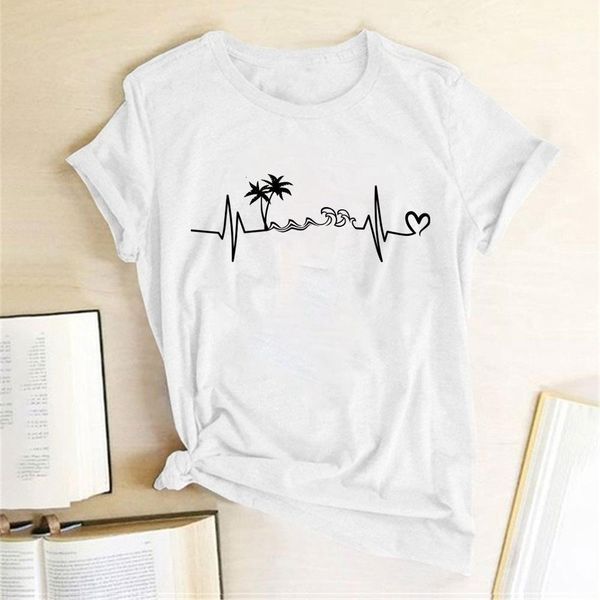 

coconut tree waves heart print t-shirts women summer graphic tee aesthetic short sleeve harajuku shirt feminist mujer camisetas, White