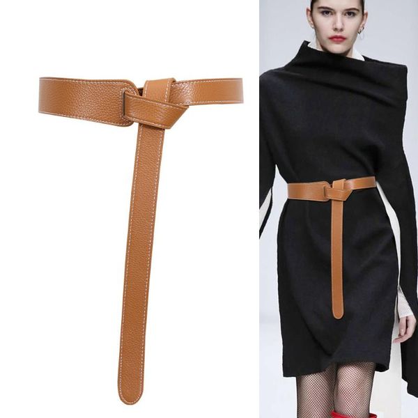 

real leather asymmetrical split long knot belt personality women new fashion tide dress waistbands soft cowhide cummerbunds, Black;brown