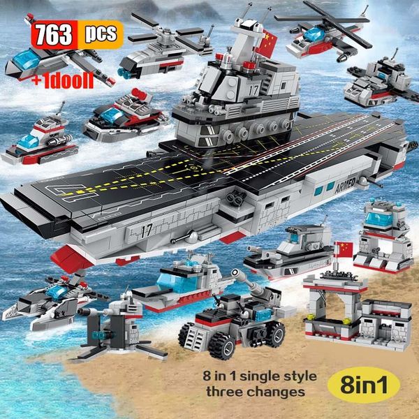 

763pcs 8in1 военно-воздушные несущие fighterbuilding блоки вертолеты военно-морских судов warship корабль 3d модель кирпичи игрушки для маль