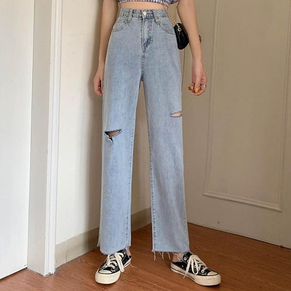 

women's jeans 2021 ripped for women vintage distressed bleach wash hole high waist lady loose straight casual female trousers, Blue