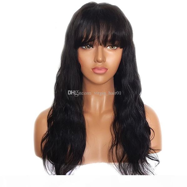 

150% glueless lace front human hair wigs with bangs remy hair wavy brazilian wig with baby hair bleached knots 12-24 inch, Black;brown