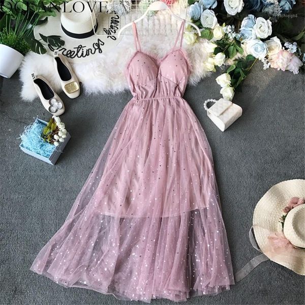 

oceanlove sequined party dress stars v-neck sleeveless vestidos dresses 2019 summer mesh patchwork new long dresses 119571, Black;gray