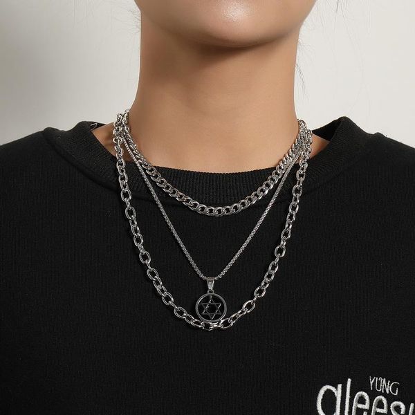 

punk multilayer thick chains necklaces for women fashion temperament geometric hexagram pendant necklace vintage party jewelry, Silver