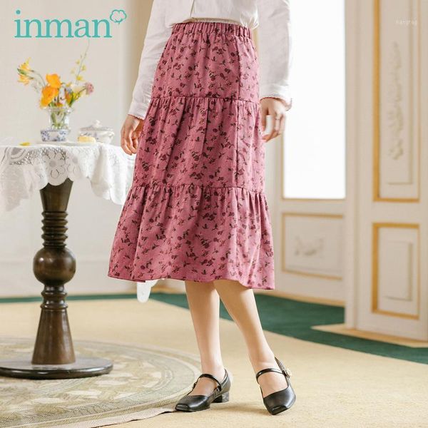 

inman 2020 winter new arrivals retro art corduroy fringed mid long floaty women's skirt1, Black