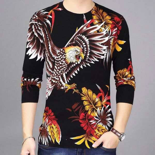 

2021 men's plus velvet sweater cotton thread thin knit printing t-shirt with long-sleeved round neck flower clothes casual top, White;black