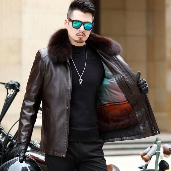 

leather sheepskin high end men's leather jacket with detachable gold liner, Black