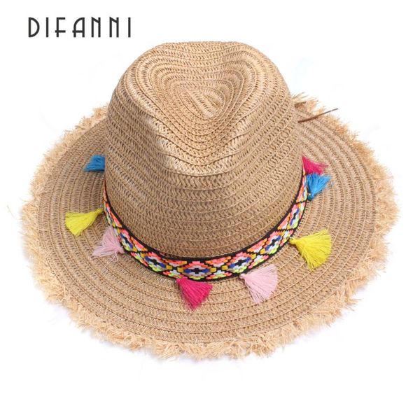 

wide brim hats [difanni] lady boater sun caps ribbon round straw fedora panama hat summer for women girl colorful tassel, Blue;gray