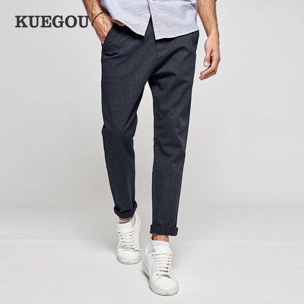 

kuegou 2021 spring cotton solid khaki casual pants men long classic trousers for male wear fashion vintage work brand clothing, Black