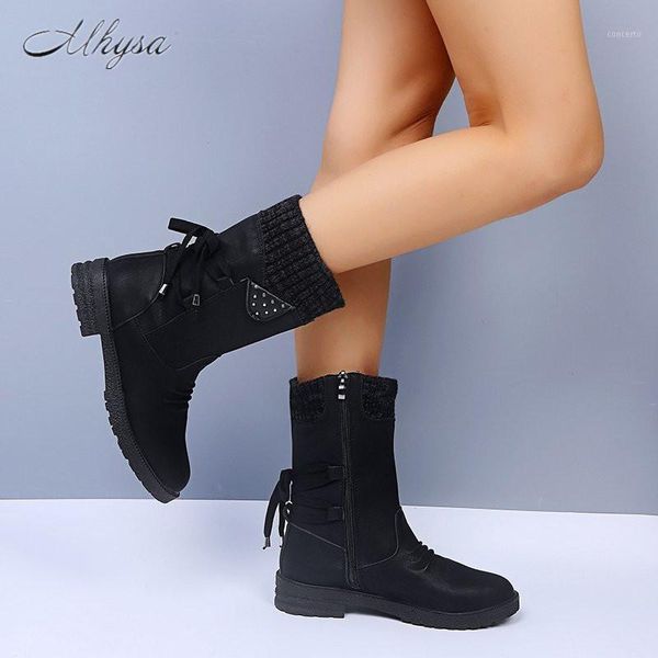 

2020 new winter women's boots fashion lace-up square-heel suede boots round toe low heel warm women's calf botas mujer1, Black