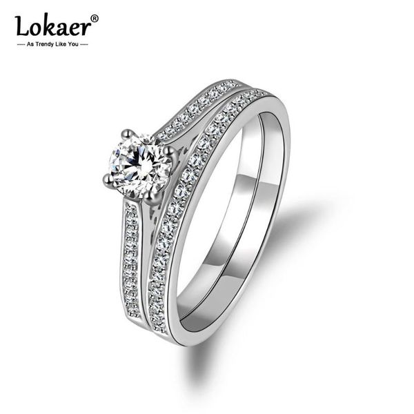 

lokaer forever love classic wedding rings white gold color 4 prong round sparkling cubic zirconia ring jewelry anel lr17012, Slivery;golden