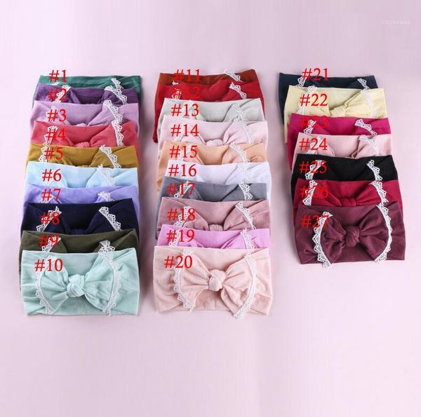 

hair accessories 27 colors bulk born kid soft nylon headbands knotted bow with pompom trim for baby girl headband 36pc/lot1, Slivery;white