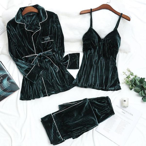 

women's sleepwear 3pcs/lot women velvet pajamas sets lapel nightgown fashion slings long trousers autumn winter female homewear #f1, Black;red