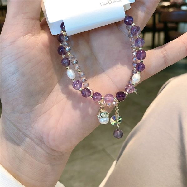 

sweet girl purple crystal pearl double hand string east gate personality lucky move * cat girl bracelet pearl bracelet 7ggho, Golden;silver