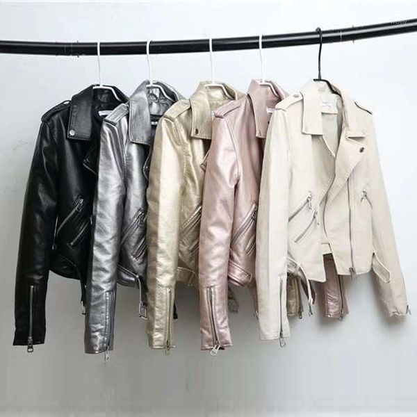 

silver leather jacket women 2020 metallic motorcycle short jackets lapel zipper biker coat soft ladies punk streetwear1, Black