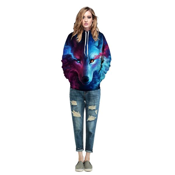 

European and American couples sweater blue wolf starry wolf 3D digital printing hooded baseball clothing Amazon hot, Black