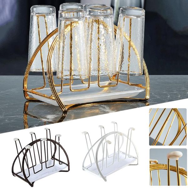 

hooks & rails cup drying rack stand with drain tray non-slip glass cups organizer for 6 glasses black white gold