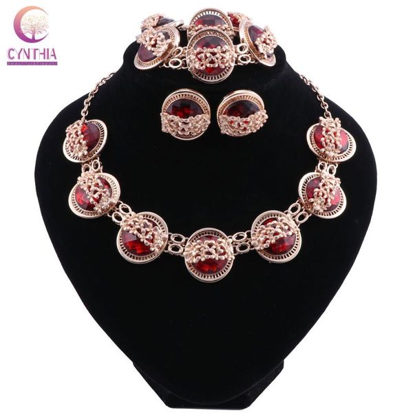 

vintage round red crystal gold color jewelry sets earrings bracelets set necklace pendant rings gift for women, Silver