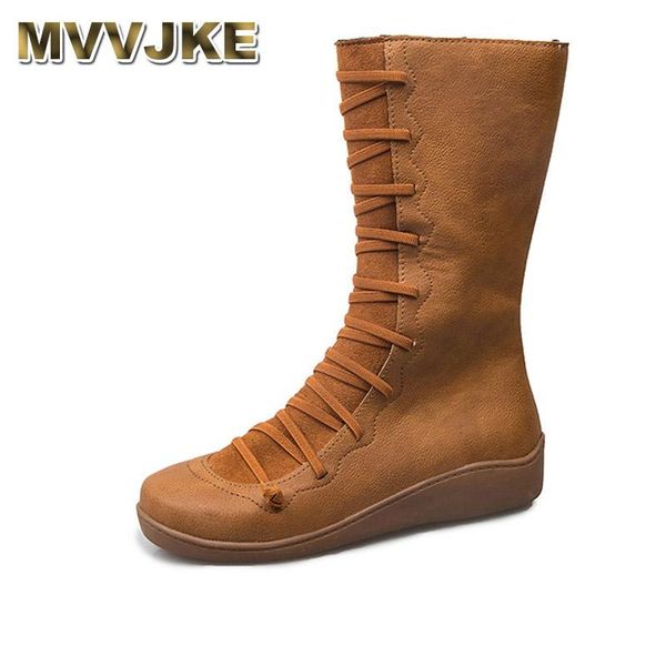 

mvvjkewomen mid calf boots autumn pu flat leather boots with cross strap long vintage punk for women plus size women, Black