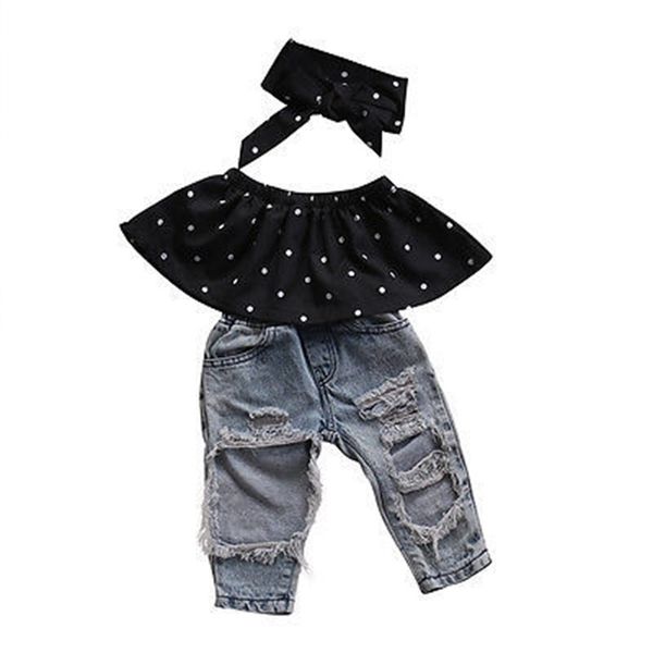 

infant baby girls clothes sets dot sleeveless vest hole denim pants headband 3pcs clothing set baby girl y200803, White
