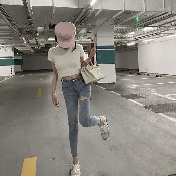 

20 new distressed denim pants women's high waisted beggars' nine point legged pants in spring 20201, Blue