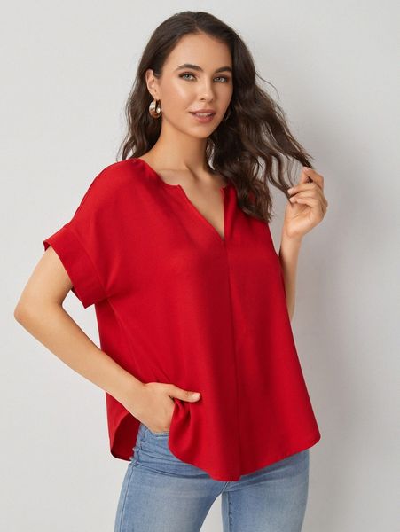 

notch neck batwing sleeve curved hem h4jp#, White