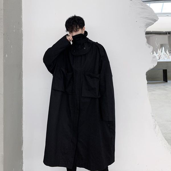

male japan streetwear trench coat men oversize detachable collar loose casual long jacket overcoat windbreaker outerwear1, Tan;black