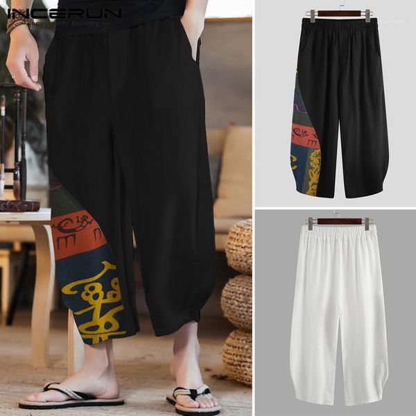 

men wide leg pants vintage printed harem trousers man cotton patchwork bottoms casual ethnic elastic waist pantalones incerun1, Black