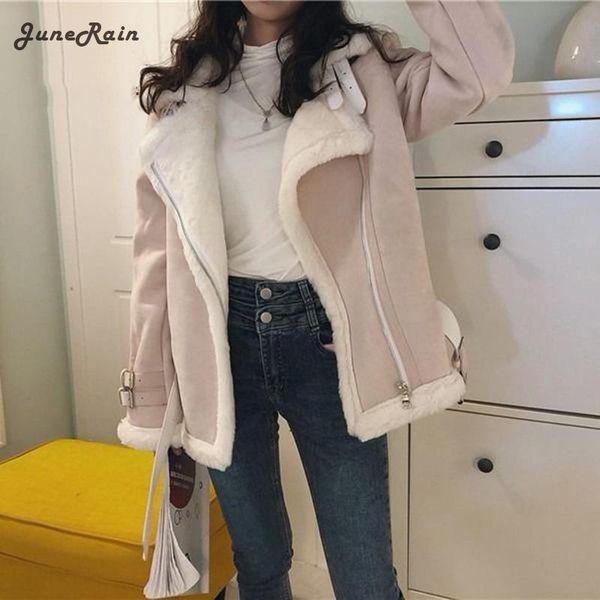 

junerain women winter new faux fur loose cotton warm thick coat female suede short faux leather jacket casual lady warm outwears, Black
