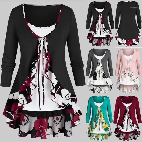 

2 pcs casual womens long sleeve plus size sunflower printed bandage cardigan coat solid color lace sling suit two-piece1, White