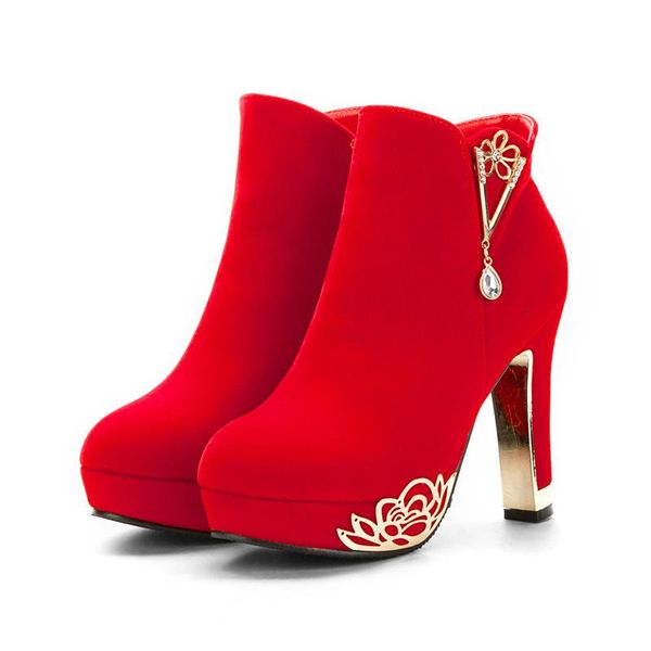 

wedding shoes female 2021 new red high heels thick with short boots bridal shoes waterproof platform wedding boots, Black