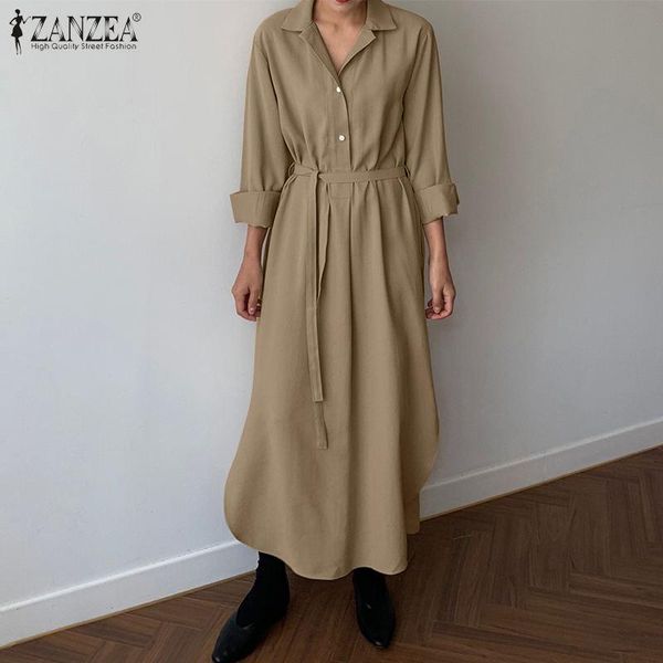 

casual dresses stylish women sundress autumn lapel neck long sleeve shirt dress zanzea 2021 spring solid work vestidos belted, Black;gray